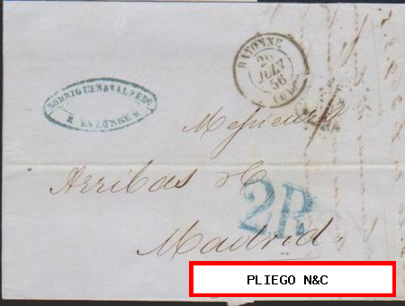 Carta de Bayona a Madrid del 26 Jul. 1856 Fechador de Bayona y marca de porteo