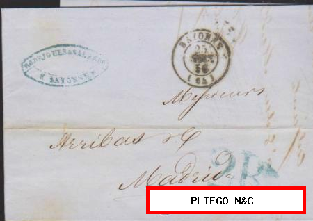 Carta de Bayona a Madrid del 25 Mar. 1856 Fechador de Bayona y marca de porteo