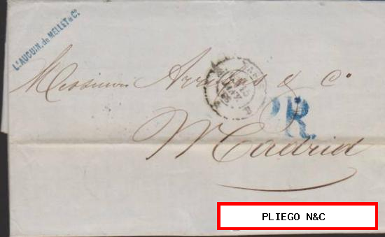 Carta de París a Madrid del 15 Ene. 1858. Fechador de Paris. porteo 2R