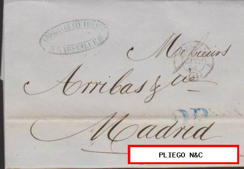 Carta de Marsella a Madrid del 14 Ene. 1858. Fechador de Marsella. porteo 2R. Azul