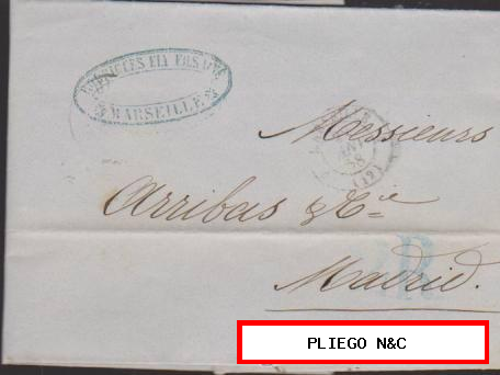 Carta de Marsella a Madrid del 22 Ene. 1858. Fechador de Marsella. porteo 2R. Azul