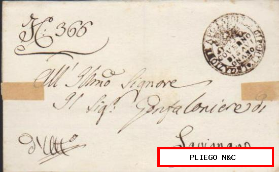 Carta de ¿Gafeli? a Savignano del 18 Abr. 1829. Tampón Legatione Apostoli-Gover