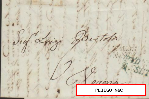 Carta de Padova a Verona del 4 Sep. 1843. Fechador de padova en verde. Al dorso