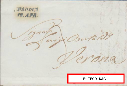 Carta de Padova a Verona del 12 Abr. 1849. Fechador de Padova en azul. Al dorso. Fechador