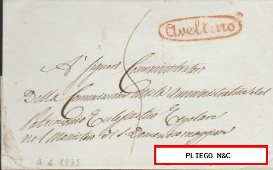 Carta de Avellino a Napoli del 2 Abr. 1835. Marca de Avellino en bonito rojo ladrillo