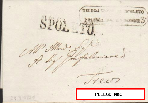 Carta de Spoleto a Trevi del 29 Mar. 1824. Fechador de Spoleto + marca DELEGAZIO