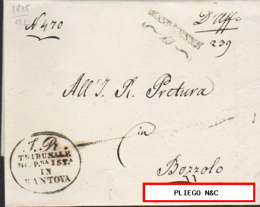 Carta de Mantova a Bozzolo del 19 Ene. 1835. Fechador de Mantova + I. R. TRIBUNA