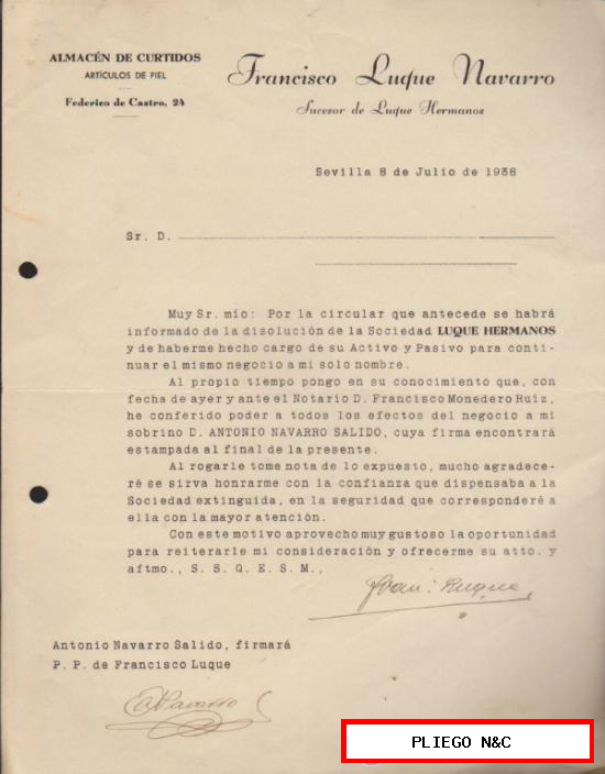 Carta con membrete comercial. Sevilla 8 de Julio de 1938