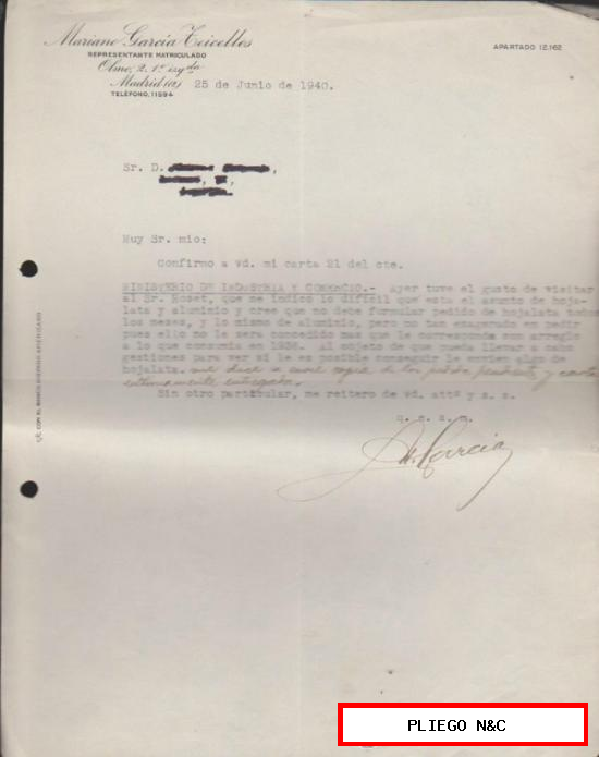 Carta con membrete comercial. Madrid 25 Junio de 1940