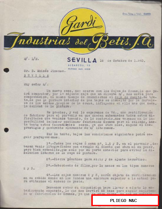 Carta con membrete comercial. Sevilla 16 de Octubre de 1940
