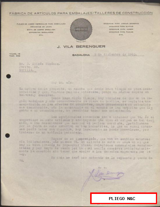 Carta con membrete comercial. Badalona 5 de Diciembre de 1940