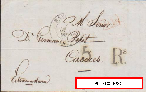 Carta de Bayona a Cáceres del 3 Dic. 1838. Fechador de Bayonne, P.P. rojo y porteo