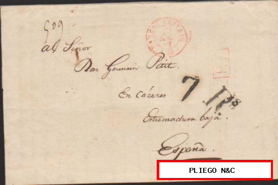 Carta de París a Cáceres del 23 May. 1842. Fechador de París, P.P. rojo y porteo 7Rs