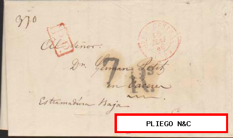 Carta de París a Cáceres del 18 May. 1840. Fechador de París, P.P. rojo y porteo 7Rs
