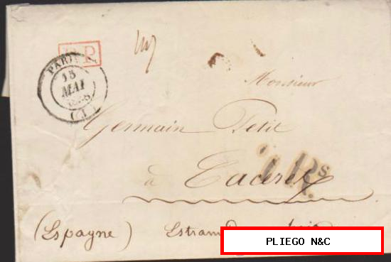 Carta de Paris a Cáceres del 15 May. 1838. Fechador de París, P.P. en rojo y porteo