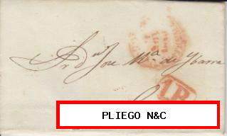 Carta de Cáceres a Sevilla del 24 Nov. 1849. Con Baeza 9 R. y porte 1R. rojo. al dorso