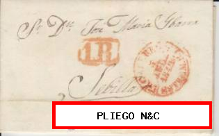 Carta de Cáceres a Sevilla del 5 Jul. 1849. Con Baeza 9 R. y porteo 1R. rojo al dorso