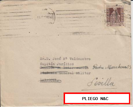 Carta de Zaragoza a Sevilla del 21 Dic. 1943. Con Edifil 962