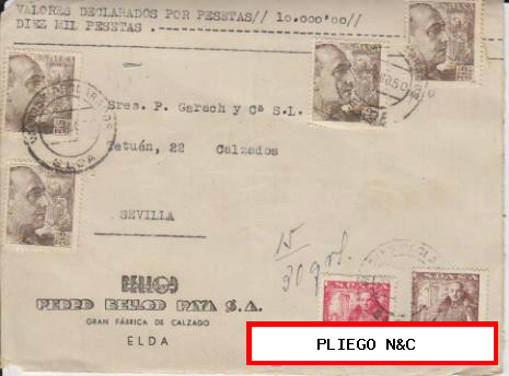Frontal de carta de Elda a Sevilla del 3-8-50. Con Edifil 1057 (4), 1032 (1) y 1027 (1)