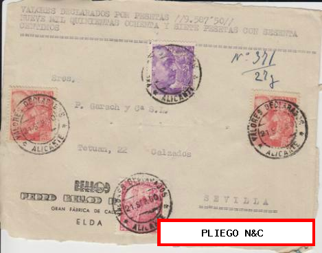 Frontal de carta de Elda a Sevilla del 21-9-50. Con Edifil 1032 (1) 1047 (1) y 1058 (2)