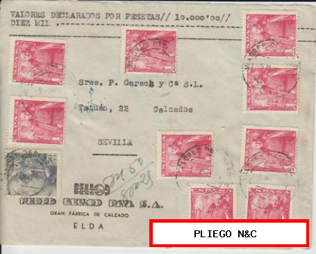 Frontal de Carta de Elda a Sevilla del 5 Mayo 1950. Con 1032 (9) y 1050 (1)