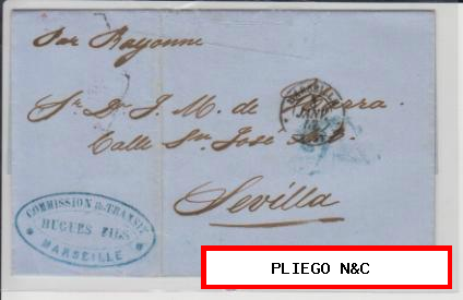 Carta de Marsella a Sevilla del 3 Ene. 1857. Fechador de Marsella y porteo 2 R. Azul
