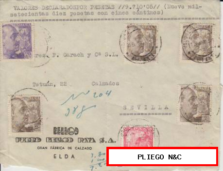 Frontal de carta de Elda a Sevilla del 15-5-1950. Con 1032 (1) 1047 (1) y 1057 (4)
