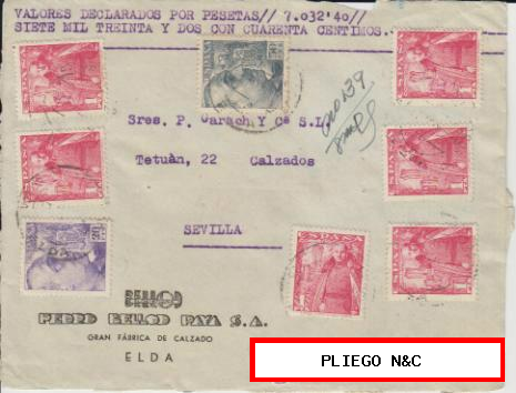 Frontal de Carta de Elda a Sevilla del 17 May1950. Con 1032 (5) y 1047 (1) 1053 (1)
