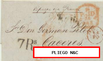 Carta de Londres a Cáceres del 4 Ener. 1843. Fechador de Londres y Francés