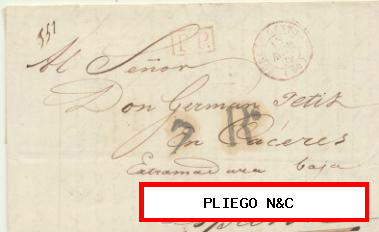 Carta de París a Cáceres del 15 Avr. 1839. Con fechador del Bureau Central, P.P.