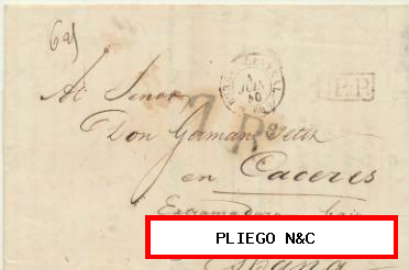 Carta de París a Cáceres del 1 Jun. 1840. Con fechador del Bureau Centraly P.P.