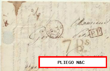 Carta de París a Cáceres del 15 Agos. 1844. Con fechador de París y P.P. en rojo