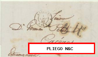 Carta de Bayonne a Cáceres del 1 Oct. 1840. Fechador de Bayonne, P.P. en negro