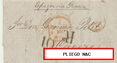 Carta de Londres a Cáceres del 1 Mar. 1845. Con fechador de Londres y de tránsito