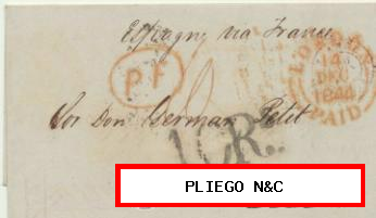 Carta de Londres a Cáceres del 14 Dic. 1844. Con fechador de Londres, P.F. en rojo