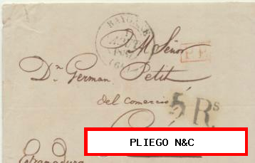 Carta de Bayonne a Cáceres del 1 Ago. 1839. Fechador de Bayonne, P.P. en rojo