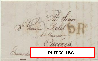 Carta de Bayonne a Cáceres del 23 May. 1840. Fechador de Bayonne y porteo 5 Rs