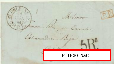 Carta de Orleans a Cáceres del 22 Jul. 1842. Con fechador de Orleans. P.P. rojo
