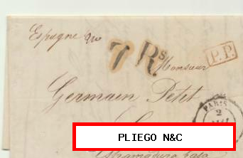 Carta de París a Cáceres del 2 May. 1838. Con fechador de París, P.P. en rojo, porteo