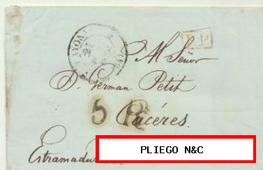 Carta de Bayonne a Cáceres del 21 Abr. 1838. Fechador de Bayonne, P.P. en rojo