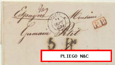 Carta de París a Cáceres del 11 Sep. 1839. Con fechador de París y P.P. en rojo