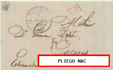 Carta de Bayonne a Cáceres del 5 Oct. 1837. Fechador de Bayonne, P.P. en rojo