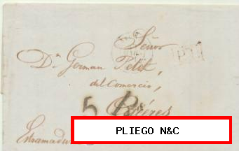 Carta de Bayonne a Cáceres del 29 Mar. 1841. Fechador de Bayonne, P.P. en rojo