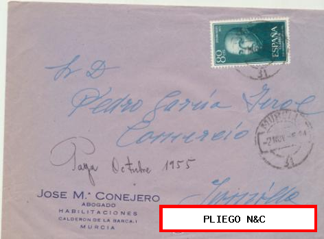Carta con Membrete de Murcia a Jumilla. Franqueado y fechado en 1955