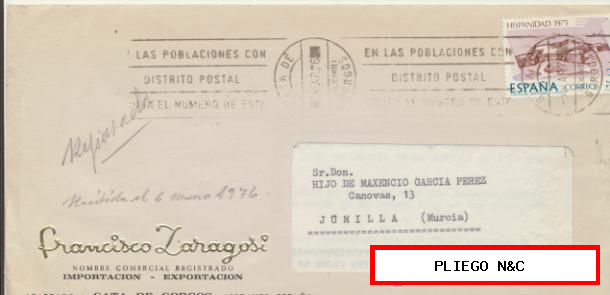 Carta con Membrete de Gata de Gorgos a Jumilla. Franqueado y fechado en 1976