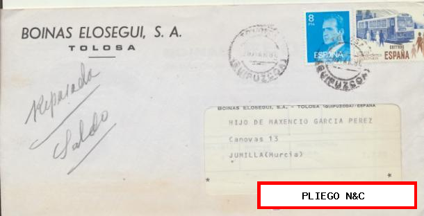 Carta con Membrete de Tolosa a Jumilla. Franqueado y fechado en 1981