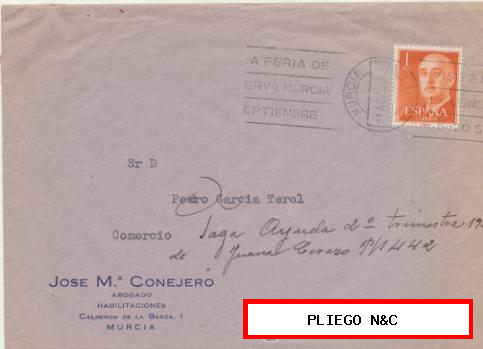 Carta con Membrete de Murcia a Jumilla. Franqueado y fechado en 1959