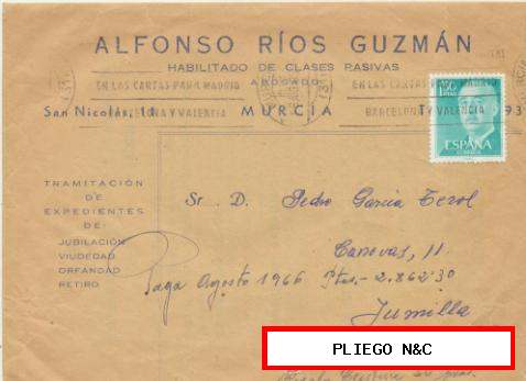 Carta con Membrete de Murcia a Jumilla. Franqueado y fechado en 1966