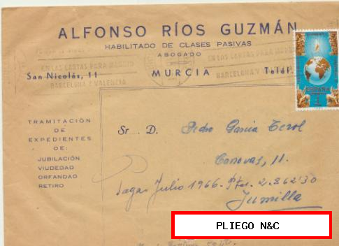 Carta con Membrete de Murcia a Jumilla. Franqueado y fechado en 1966