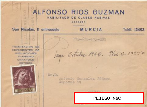 Carta con Membrete de Murcia a Jumilla. Franqueado y fechado en 1962